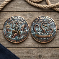Overhead view of both Old Bastards Kraken Club coin faces side by side on weathered wooden boards, with nautical rope above and navy fabric in the corner. The left face shows a skeleton pirate seated on a Kraken tentacle beside a sailing ship; the right shows tentacles wrapped around an anchor amid stormy waves, with a “RELEASE THE KRAKEN” banner, collectible token
