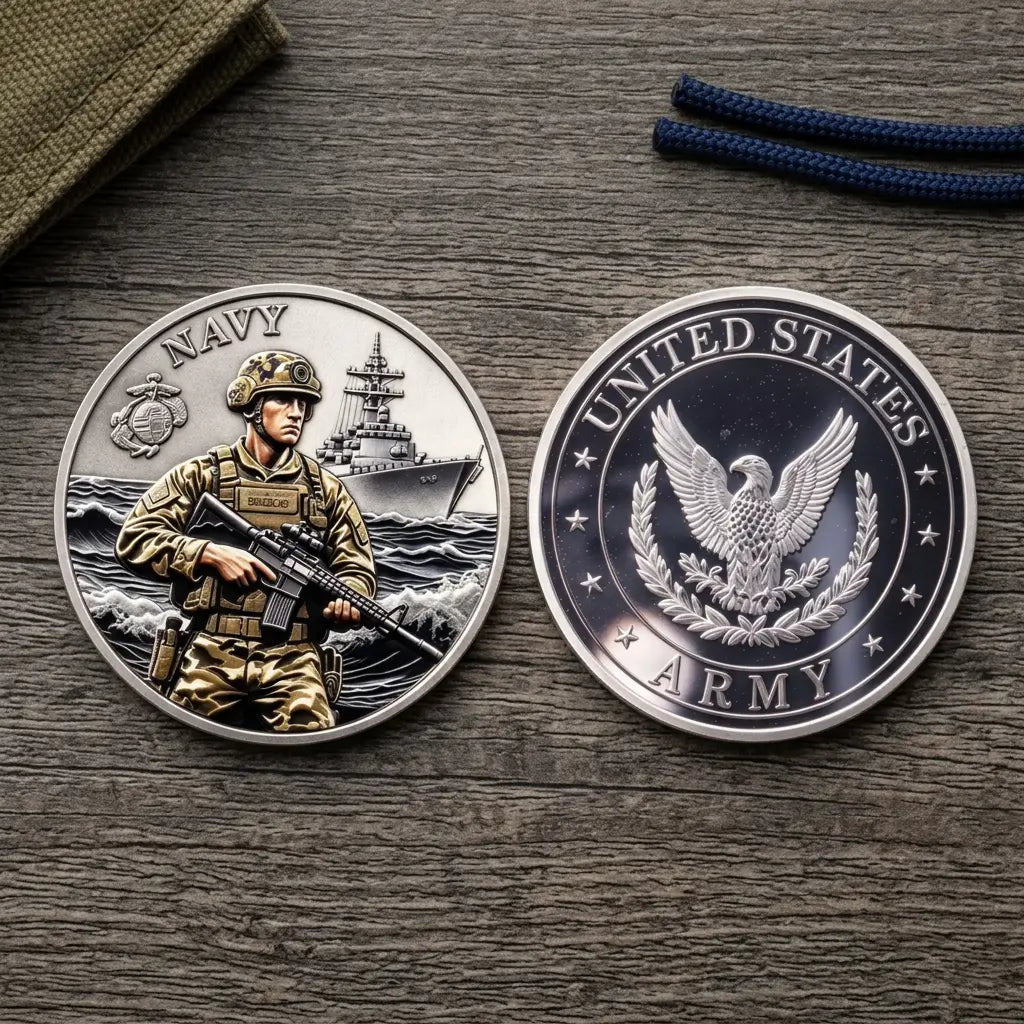 Overhead view of both military tribute coin faces side by side on weathered dark wood, with olive canvas in the upper-left corner and navy cord at the top right. The left face reads “NAVY” and shows a helmeted service member holding a rifle before a warship and rolling waves. The right reads “UNITED STATES ARMY” around a silver-tone eagle with outstretched wings, leafy branches and stars, collectible token
