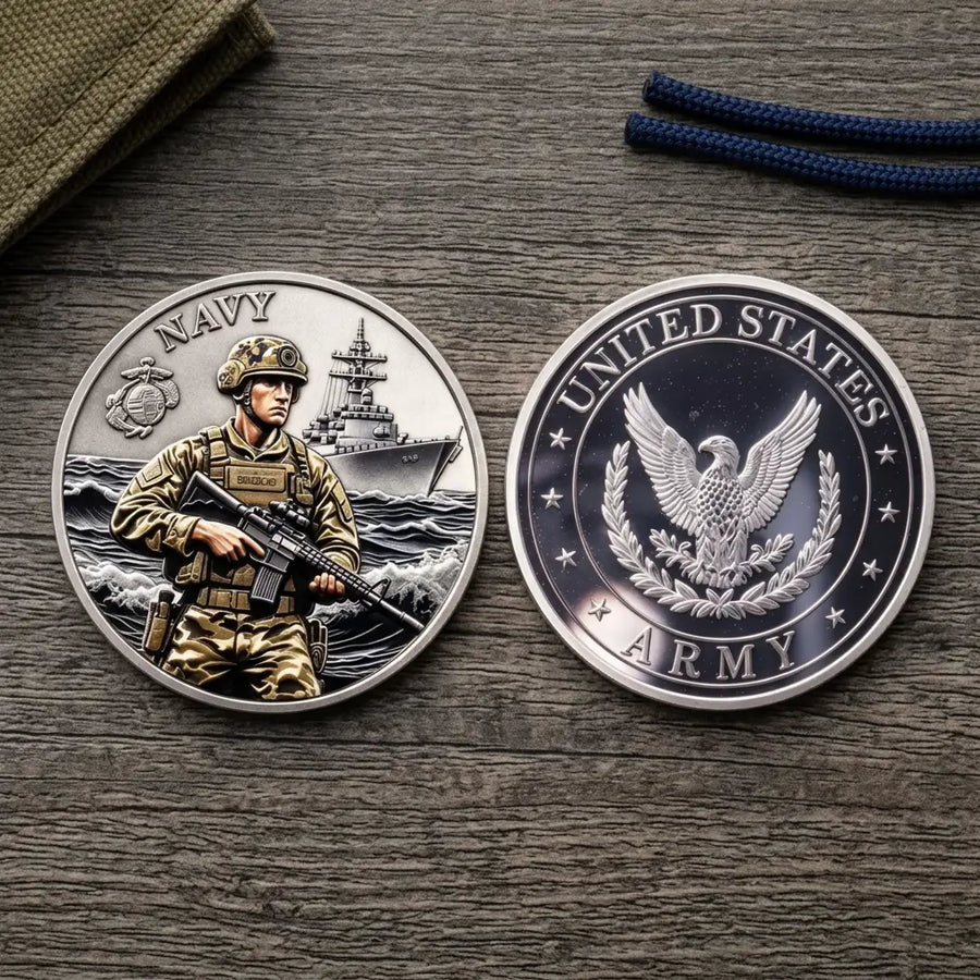 Overhead view of both military tribute coin faces side by side on weathered dark wood, with olive canvas in the upper-left corner and navy cord at the top right. The left face reads “NAVY” and shows a helmeted service member holding a rifle before a warship and rolling waves. The right reads “UNITED STATES ARMY” around a silver-tone eagle with outstretched wings, leafy branches and stars, collectible token
