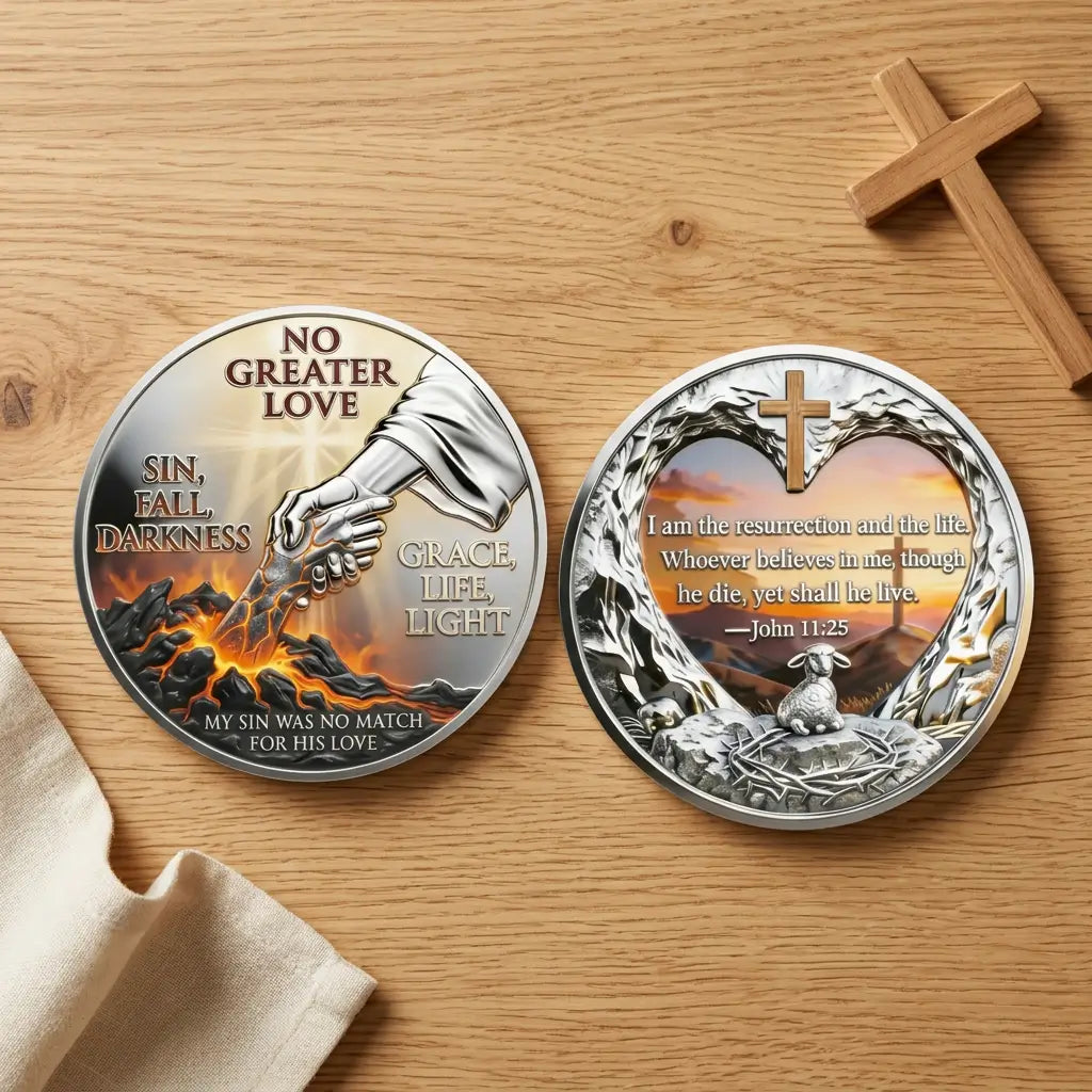 Overhead view of both No Greater Love Christian coin faces on an oak tabletop, with cream linen at the lower left and a wooden cross at the upper right. The left shows a robed arm rescuing a hand from fiery ground beneath “NO GREATER LOVE.” The right features John 11:25 within a heart-shaped rocky frame, with a cross, sunset, lamb and crown of thorns, collectible token