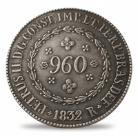 Brazil 1832 960 Reis Emperor Pedro II obverse laurel wreath denomination antique silver finish imperial collectible available at One More Coin store
