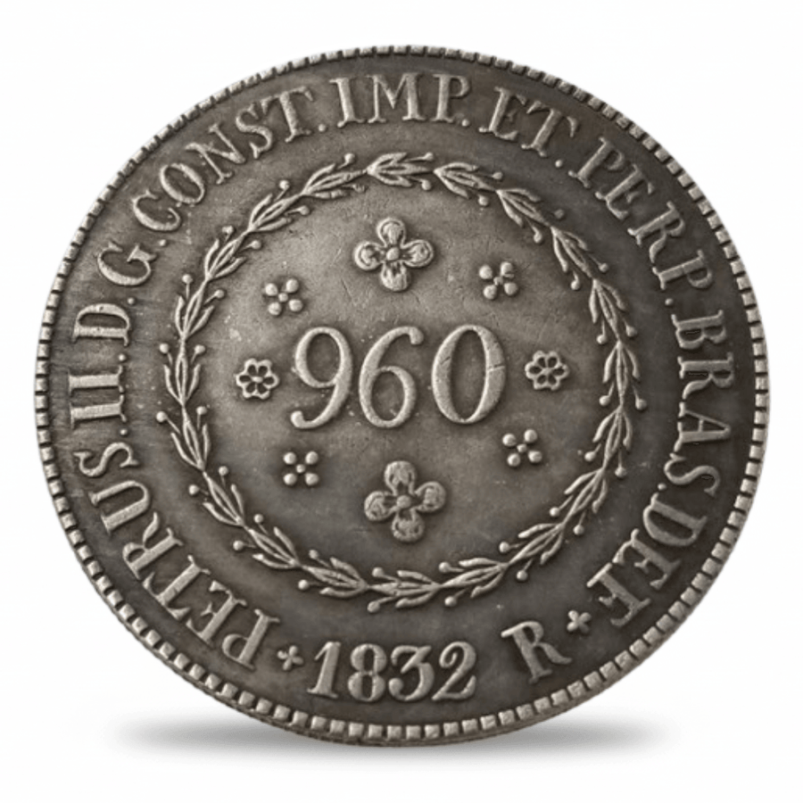 Brazil 1832 960 Reis Emperor Pedro II obverse laurel wreath denomination antique silver finish imperial collectible available at One More Coin store
