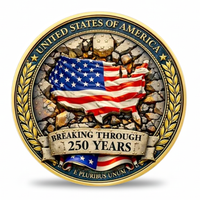Breaking Through 250 Years USA patriotic collectible coin featuring American flag bursting through cracked stone wall United States of America E Pluribus Unum gold laurel wreath gold rim commemorative collectible token available at One More Coin store
