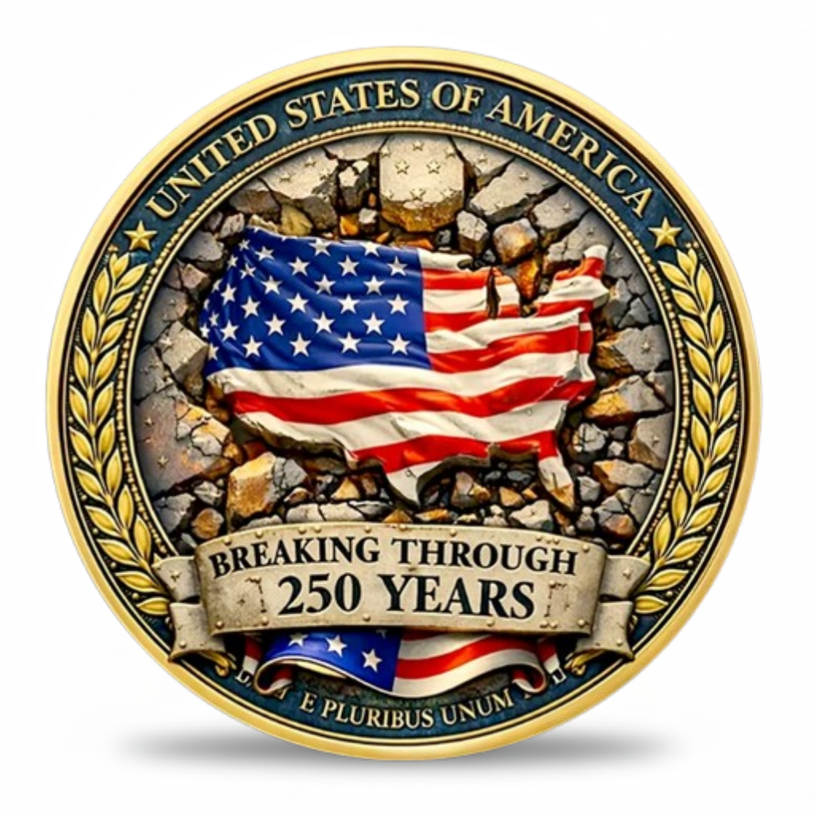 Breaking Through 250 Years USA patriotic collectible coin featuring American flag bursting through cracked stone wall United States of America E Pluribus Unum gold laurel wreath gold rim commemorative collectible token available at One More Coin store
