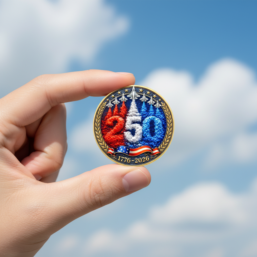 Hand holding Breaking Through 250 Years USA coin reverse fighter jets design open blue sky background natural daylight patriotic commemorative collectible token lifestyle shot
