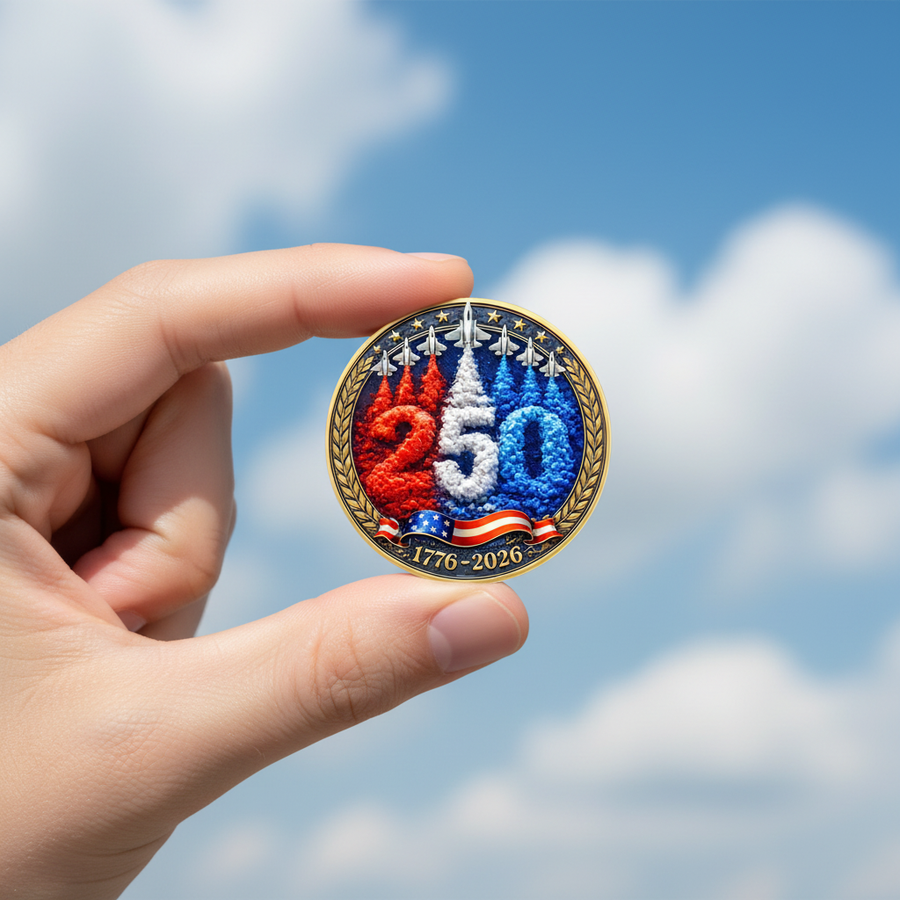 Hand holding Breaking Through 250 Years USA coin reverse fighter jets design open blue sky background natural daylight patriotic commemorative collectible token lifestyle shot
