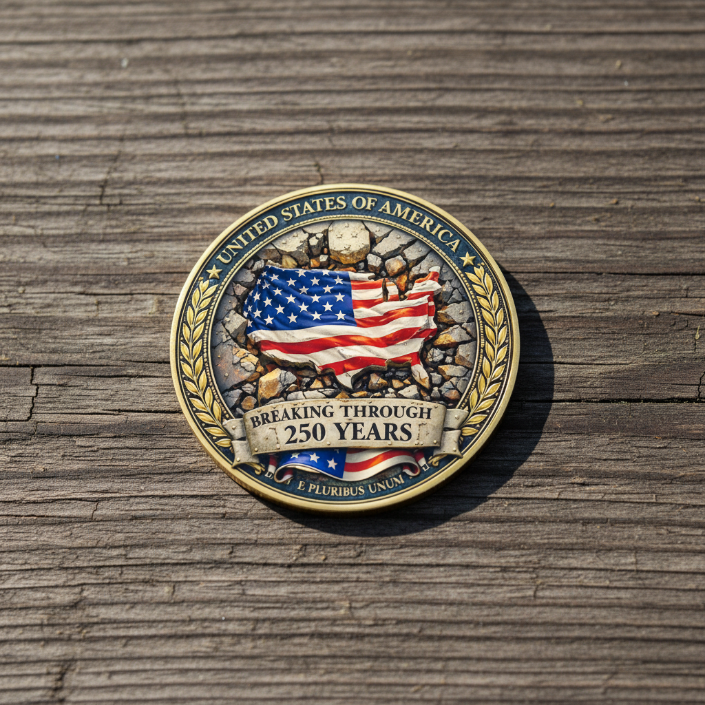 Breaking Through 250 Years USA patriotic collectible coin lying flat on worn wooden surface natural daylight commemorative collectible token lifestyle shot
