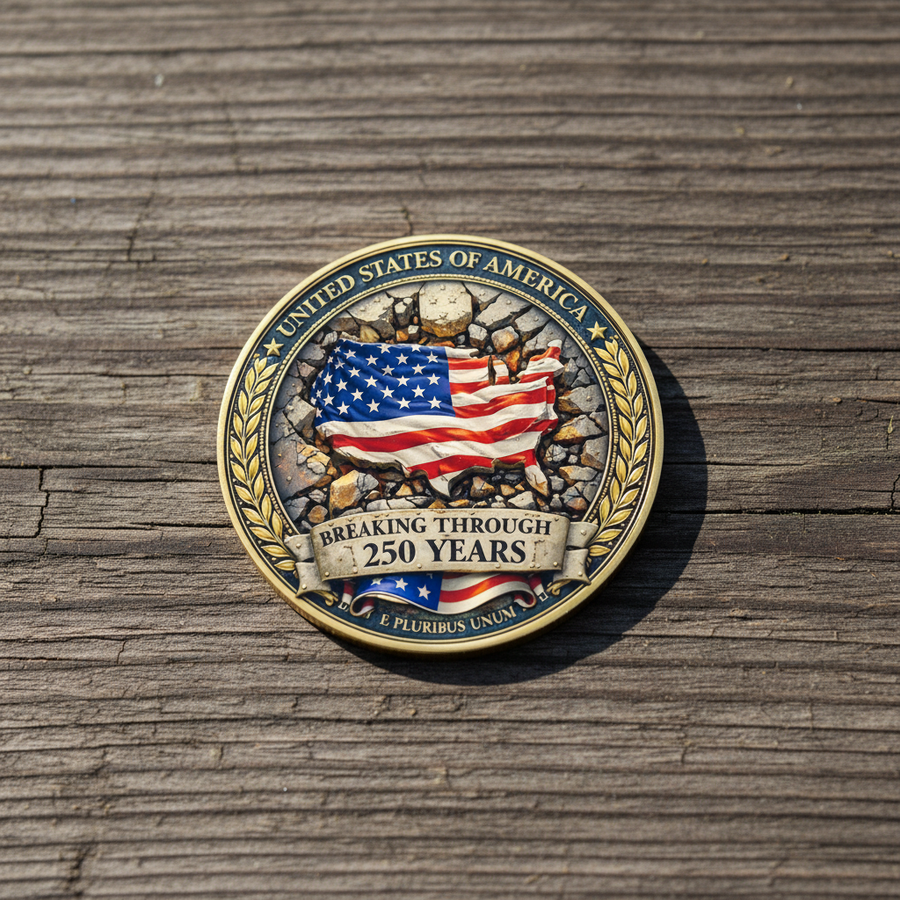 Breaking Through 250 Years USA patriotic collectible coin lying flat on worn wooden surface natural daylight commemorative collectible token lifestyle shot
