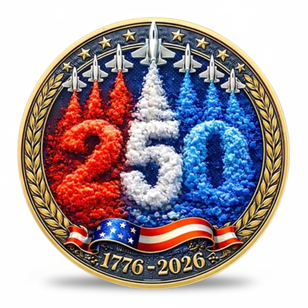 Breaking Through 250 Years coin reverse featuring fighter jets red white blue smoke trails forming 250 navy sky gold laurel wreath American flag 1776 2026 commemorative collectible token
