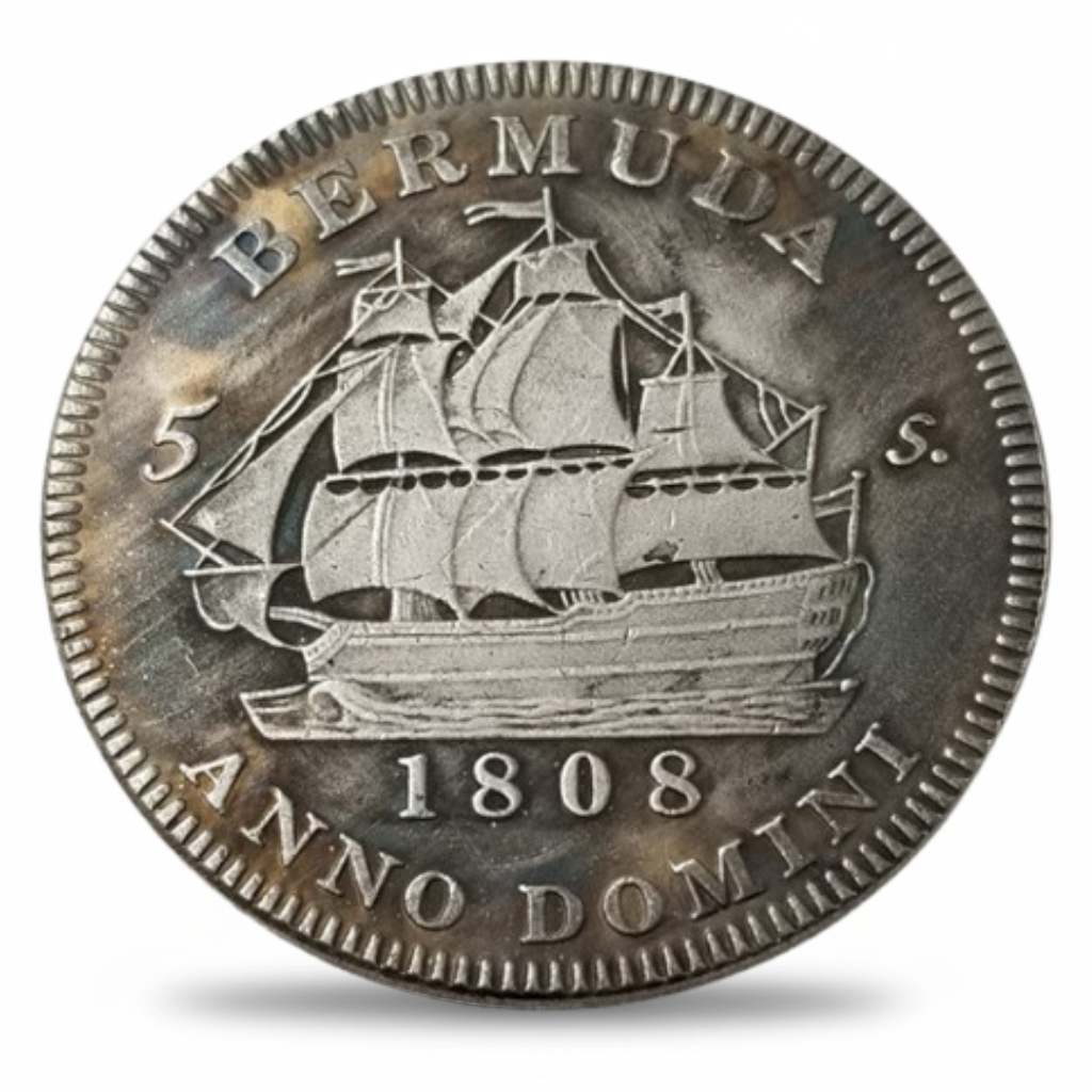 British 1808 Bermuda 5 Shillings sailing ship reverse historical collectible coin token Anno Domini

