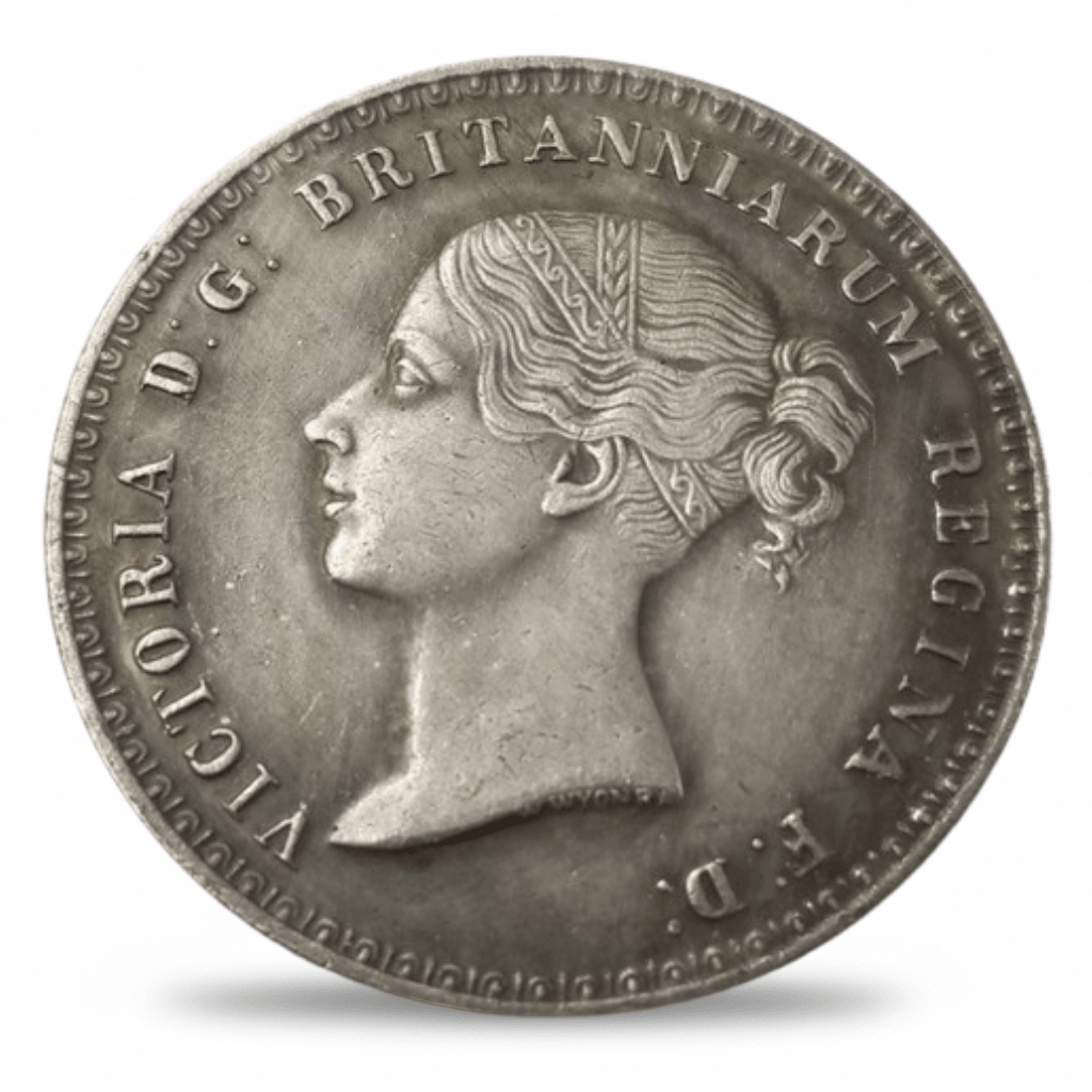 British 1839 Una and the Lion Crown Queen Victoria Young Head replica coin obverse bare-headed portrait Royal Mint Victorian collectible available at One More Coin store
