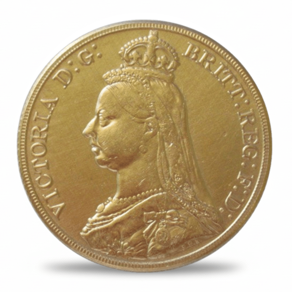 British 1887 Gold Sovereign Queen Victoria Jubilee Head replica coin obverse crowned veiled portrait Victorian collectible available at One More Coin store
