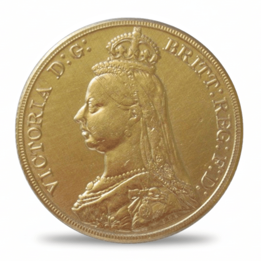 British 1887 Gold Sovereign Queen Victoria Jubilee Head replica coin obverse crowned veiled portrait Victorian collectible available at One More Coin store
