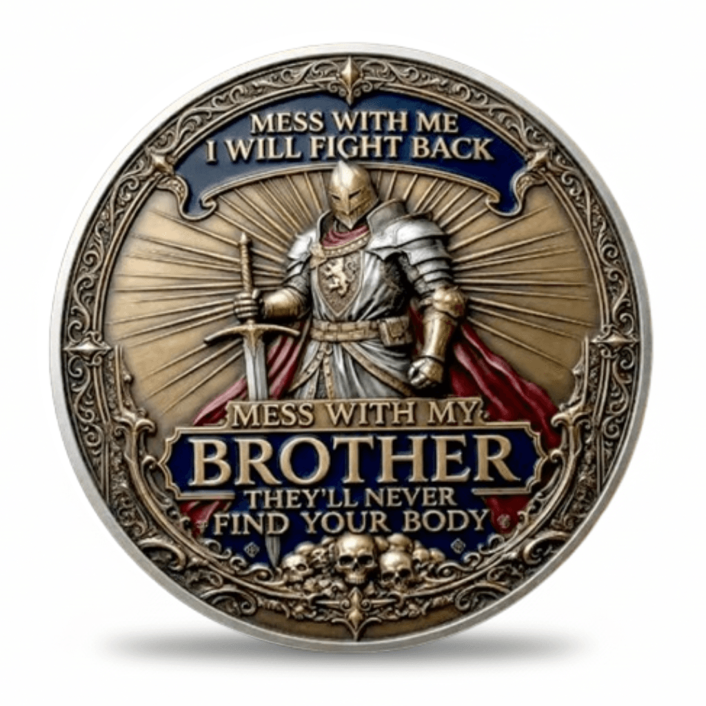 Reverse of Brotherhood of Warriors coin showing armoured knight with sword and humorous brotherhood inscription Mess With My Brother
