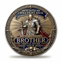 Reverse of Brotherhood of Warriors coin showing armoured knight with sword and humorous brotherhood inscription Mess With My Brother
