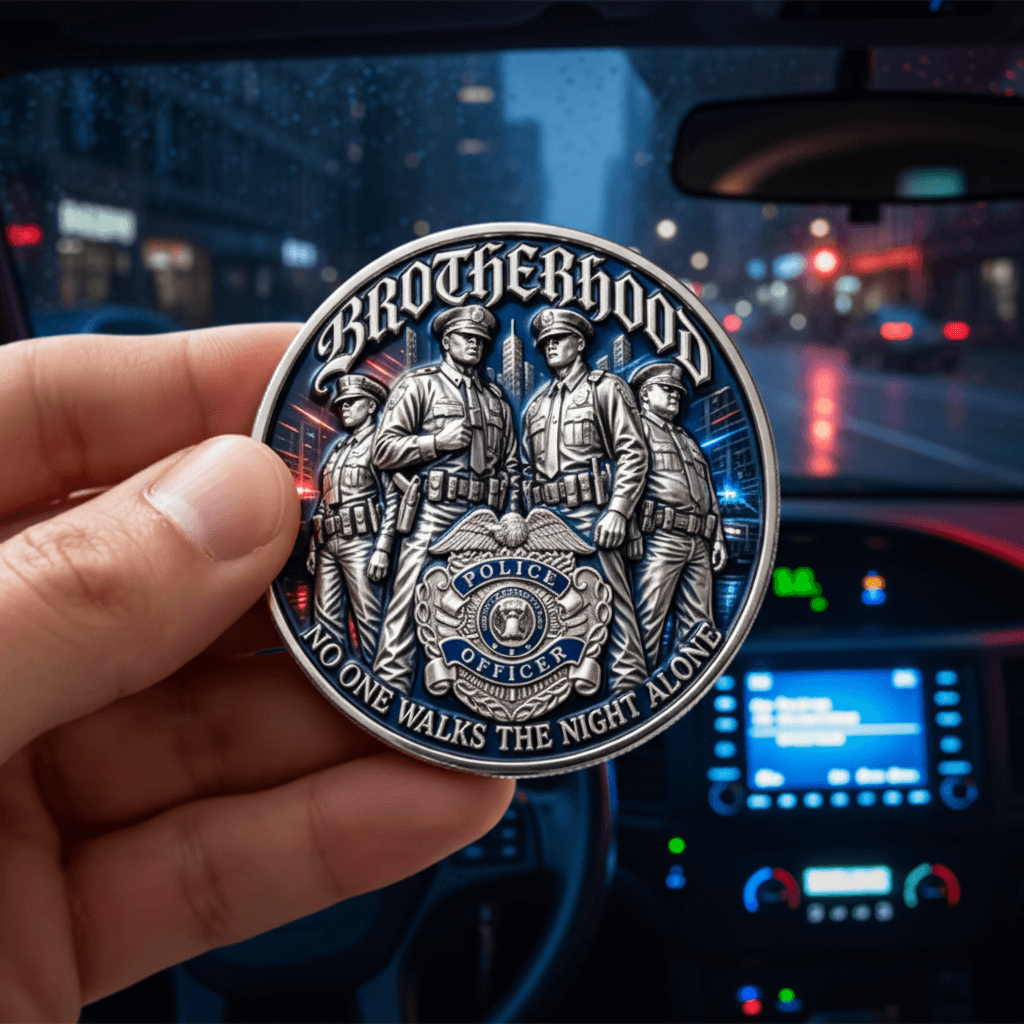 A hand holds a round silver-toned police brotherhood coin in front of a blurred car dashboard and night street scene. The coin features sculpted officers and the words 'Brotherhood' and 'No One Walks the Night Alone.