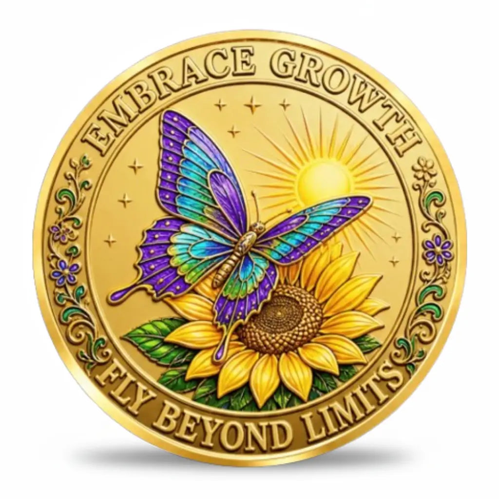 Gold-tone coin showing a purple, turquoise and green butterfly above a yellow sunflower, with a shining sun, small stars and floral scrollwork around the border. The inscriptions read “EMBRACE GROWTH” and “FLY BEYOND LIMITS,” available at One More Coin store