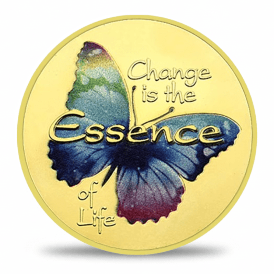 Change is the Essence of Life rainbow butterfly enamel coin gold finish motivational transformation gift for her available at One More Coin store
