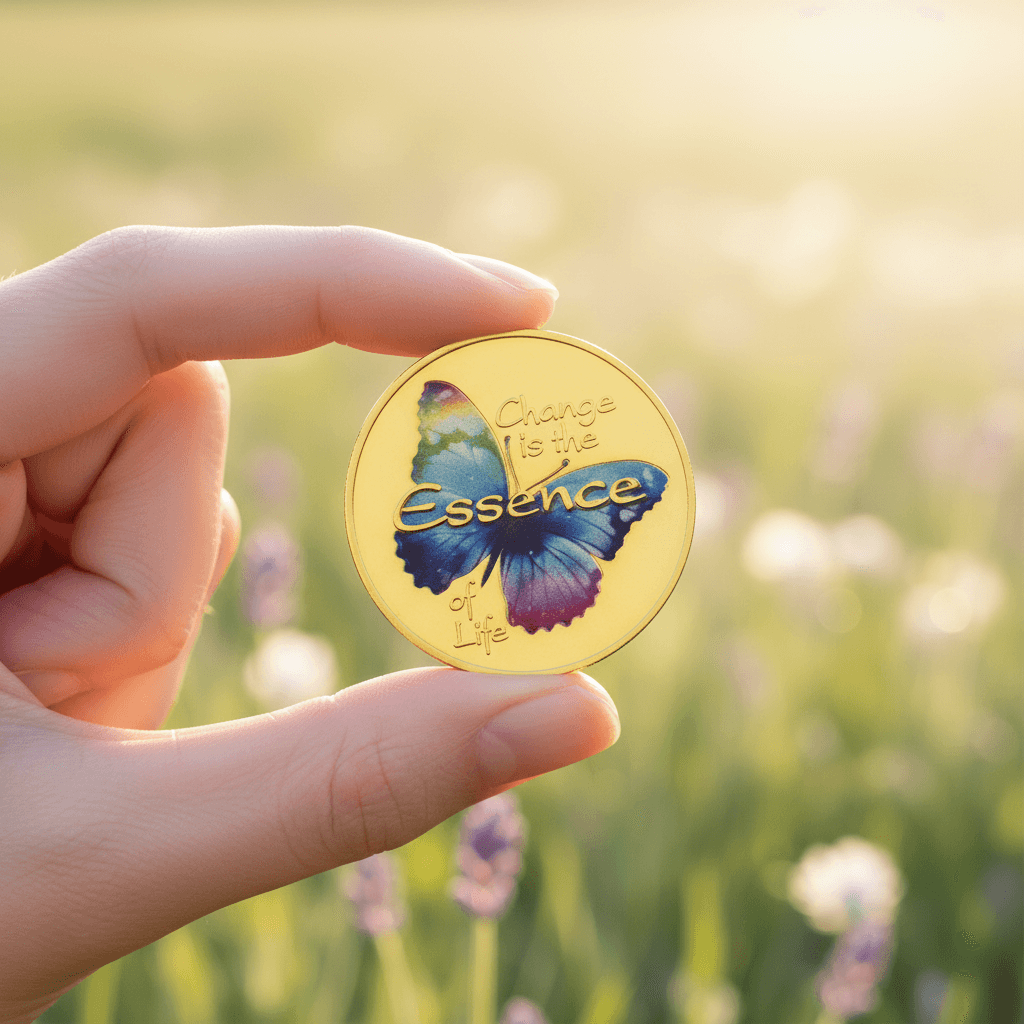 Hand holding a gold coin with a butterfly design and 'Change is the Essence of Life' text against a blurred natural background.