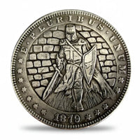 Cloaked knight hobo nickel coin reverse side Morgan dollar eagle design antique silver collectible token
