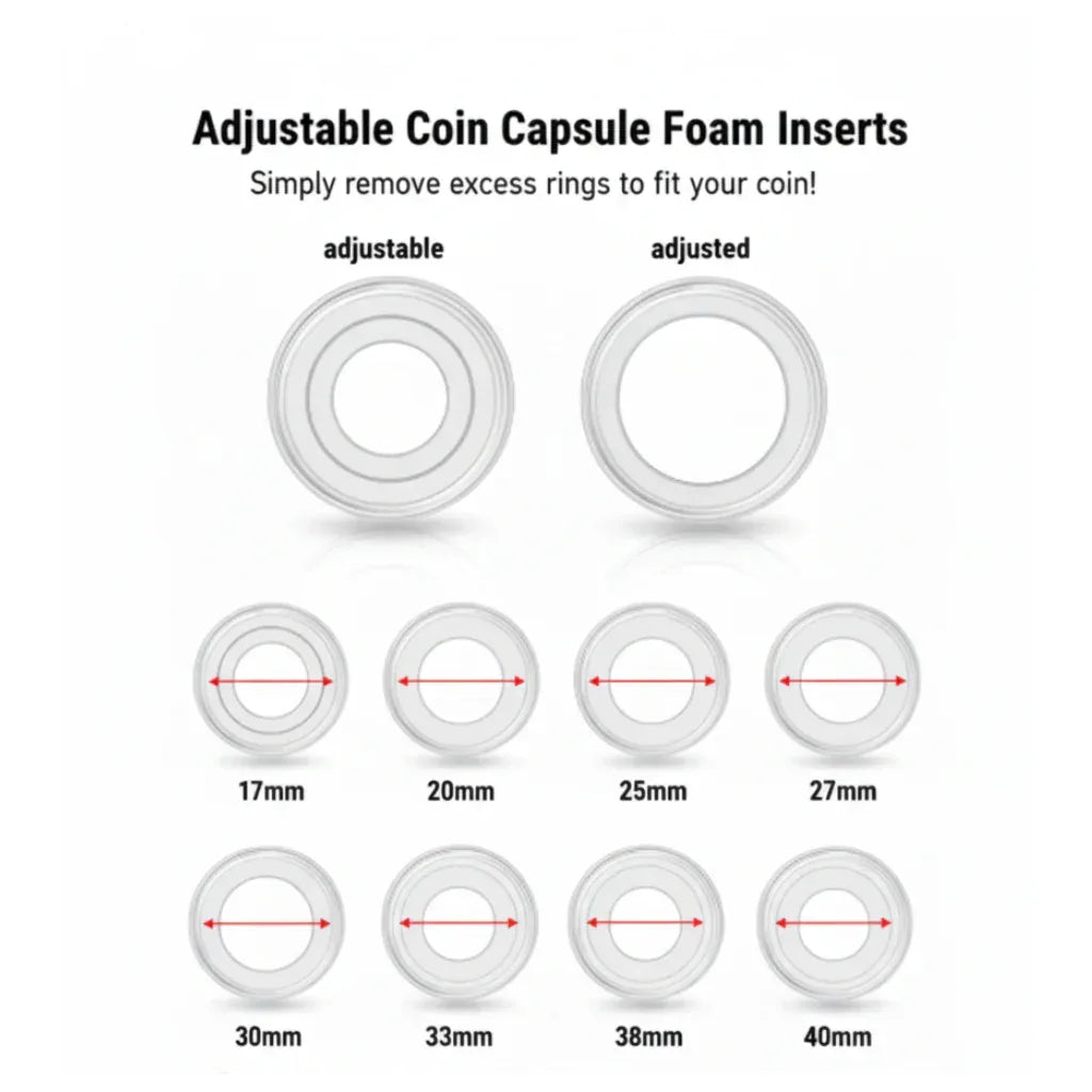 Adjustable coin capsule foam insert size guide showing compatibility from 17mm to 40mm coins
