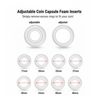 Adjustable coin capsule foam insert size guide showing compatibility from 17mm to 40mm coins
