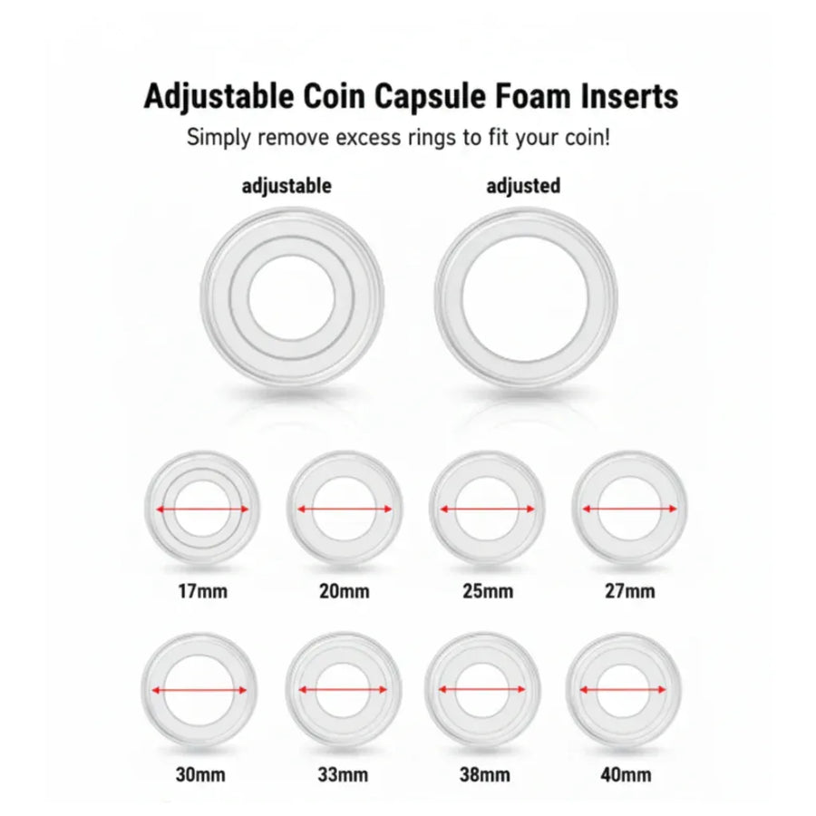 Adjustable coin capsule foam insert size guide showing compatibility from 17mm to 40mm coins
