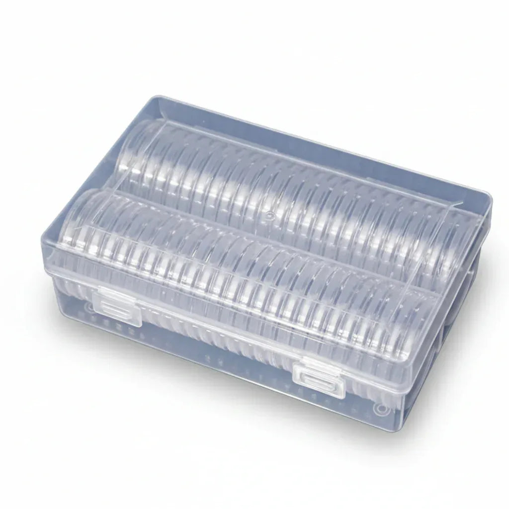 Clear plastic coin capsule storage case with organized slots for 50 coin holders
