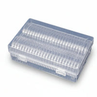 Clear plastic coin capsule storage case with organized slots for 50 coin holders
