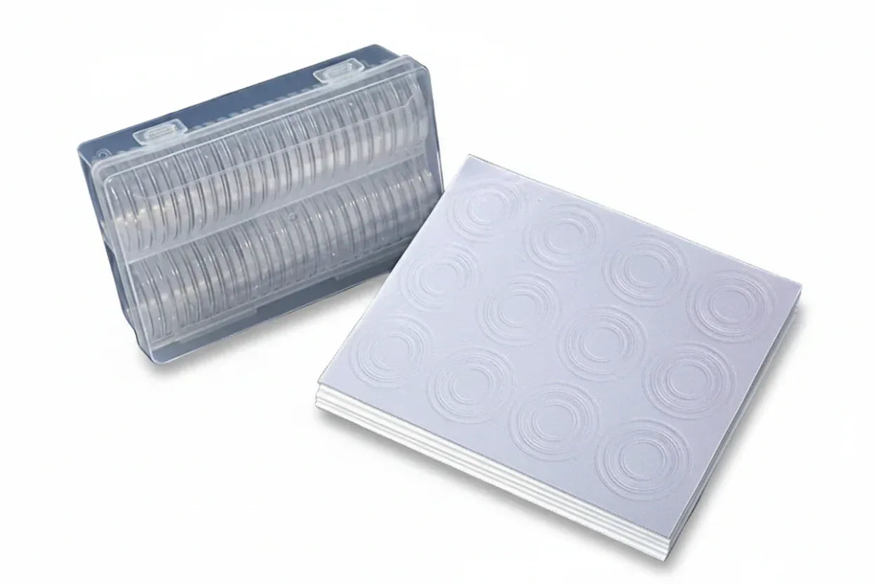 Coin collector starter kit with 50 protective capsules and storage case for organizing collectible coins available at One More Coin store
