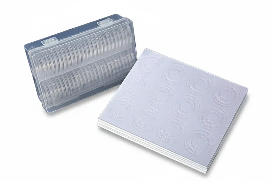 Coin collector starter kit with 50 protective capsules and storage case for organizing collectible coins available at One More Coin store
