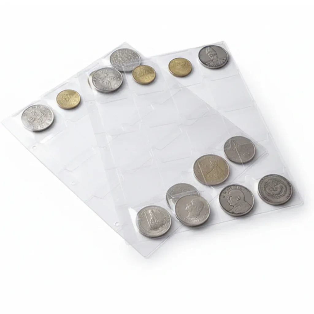 Clear coin storage sheet with 20 pockets for organizing collectible coins available at One More Coin store
