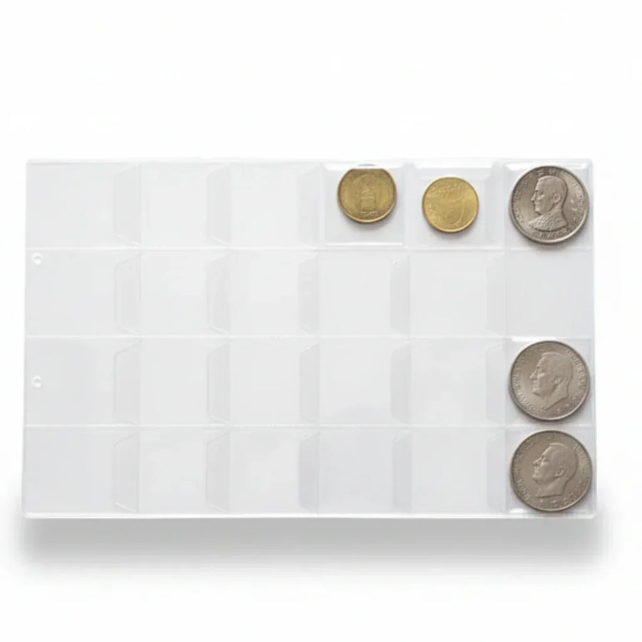 Transparent coin album page showing protective pockets for collectible coin organization
