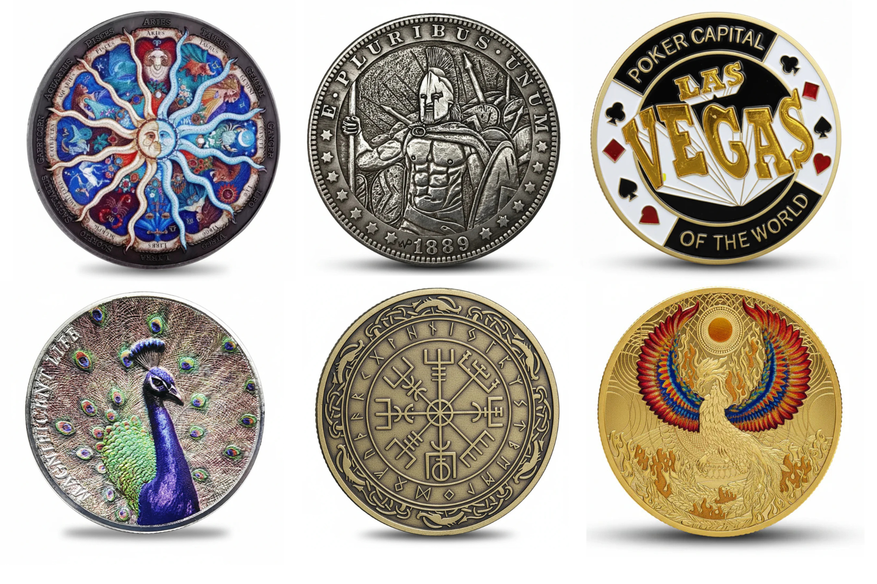Premium collectible coins - zodiac, knight, Vegas poker, peacock, Viking compass, Egyptian designs
