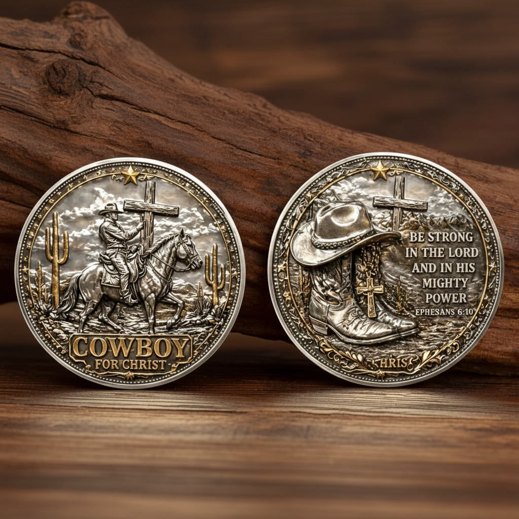 Cowboy for Christ collectible coin both sides shown together front with mounted cowboy carrying cross and reverse with boots hat and Ephesians 6:10 scripture western Christian collectible token

