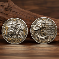 Cowboy for Christ collectible coin both sides shown together front with mounted cowboy carrying cross and reverse with boots hat and Ephesians 6:10 scripture western Christian collectible token
