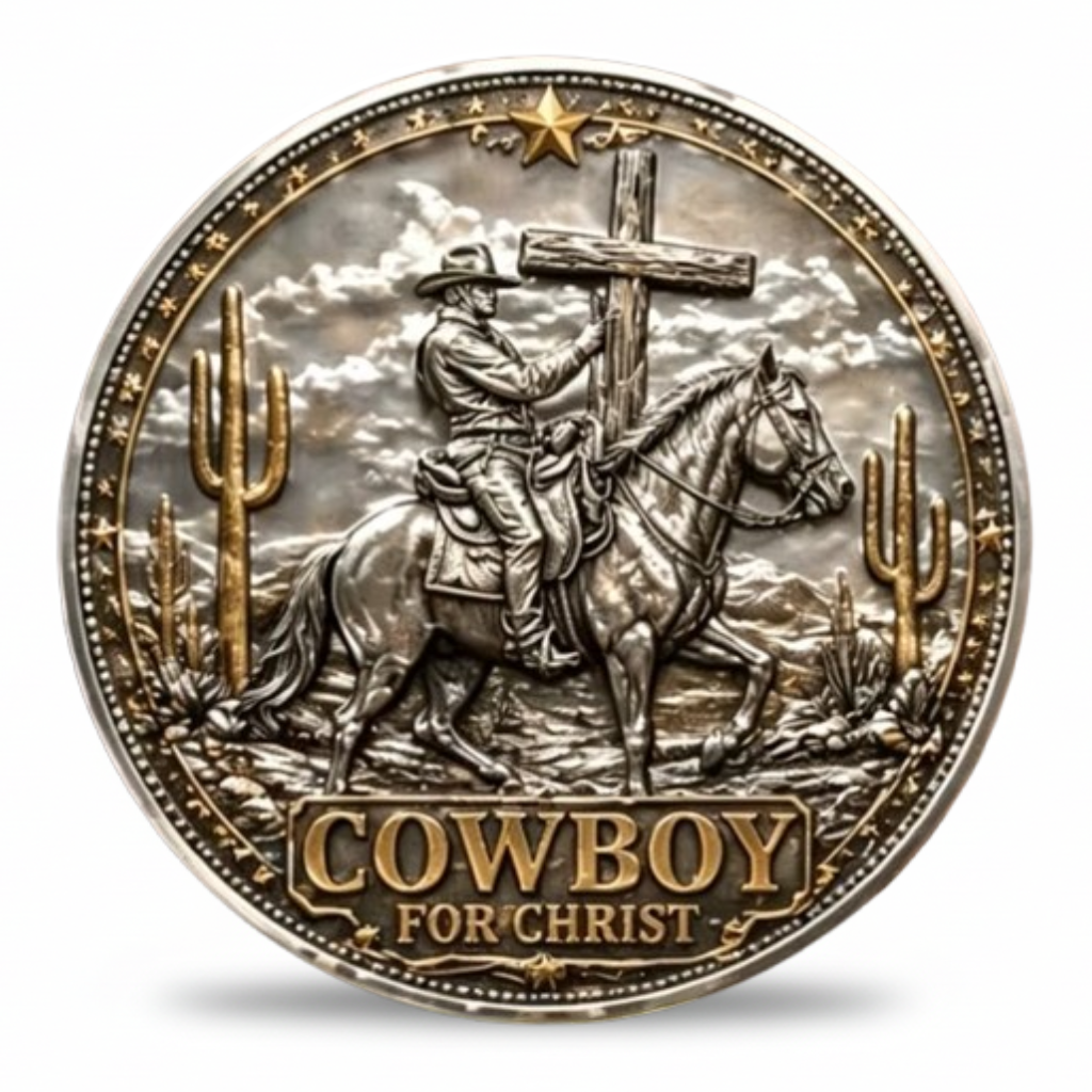Cowboy for Christ collectible coin featuring mounted rider carrying a wooden cross through desert landscape available at One More Coin store
