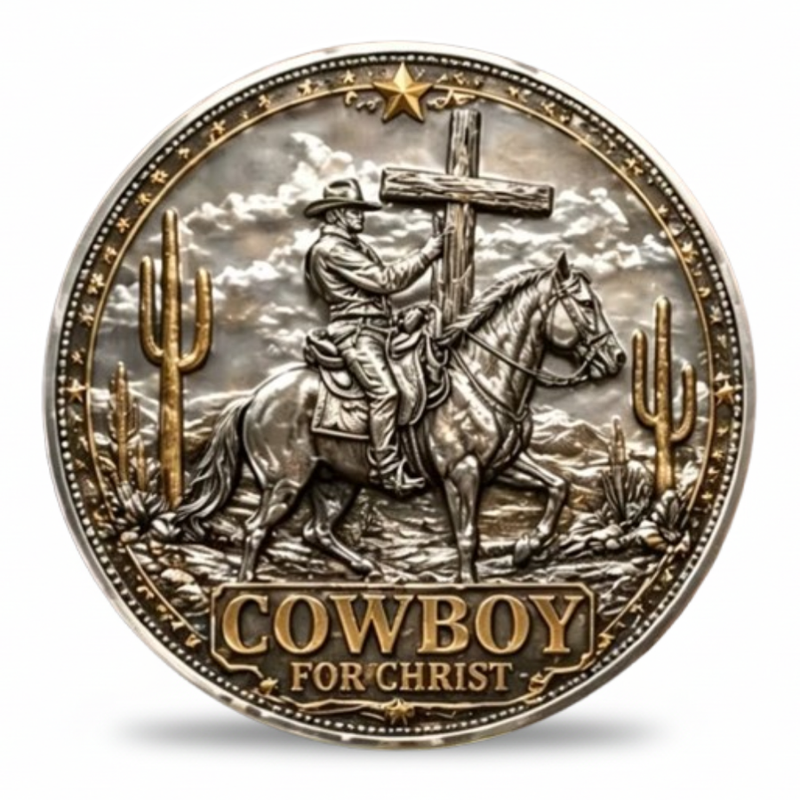Cowboy for Christ collectible coin featuring mounted rider carrying a wooden cross through desert landscape available at One More Coin store
