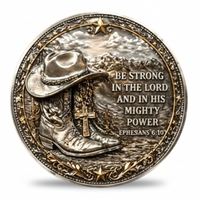 A round metallic religious medallion featuring a cowboy hat and boot with a cross, set against a mountain landscape. The text reads 'BE STRONG IN THE LORD AND IN HIS MIGHTY POWER EPHESANS 6:10'.