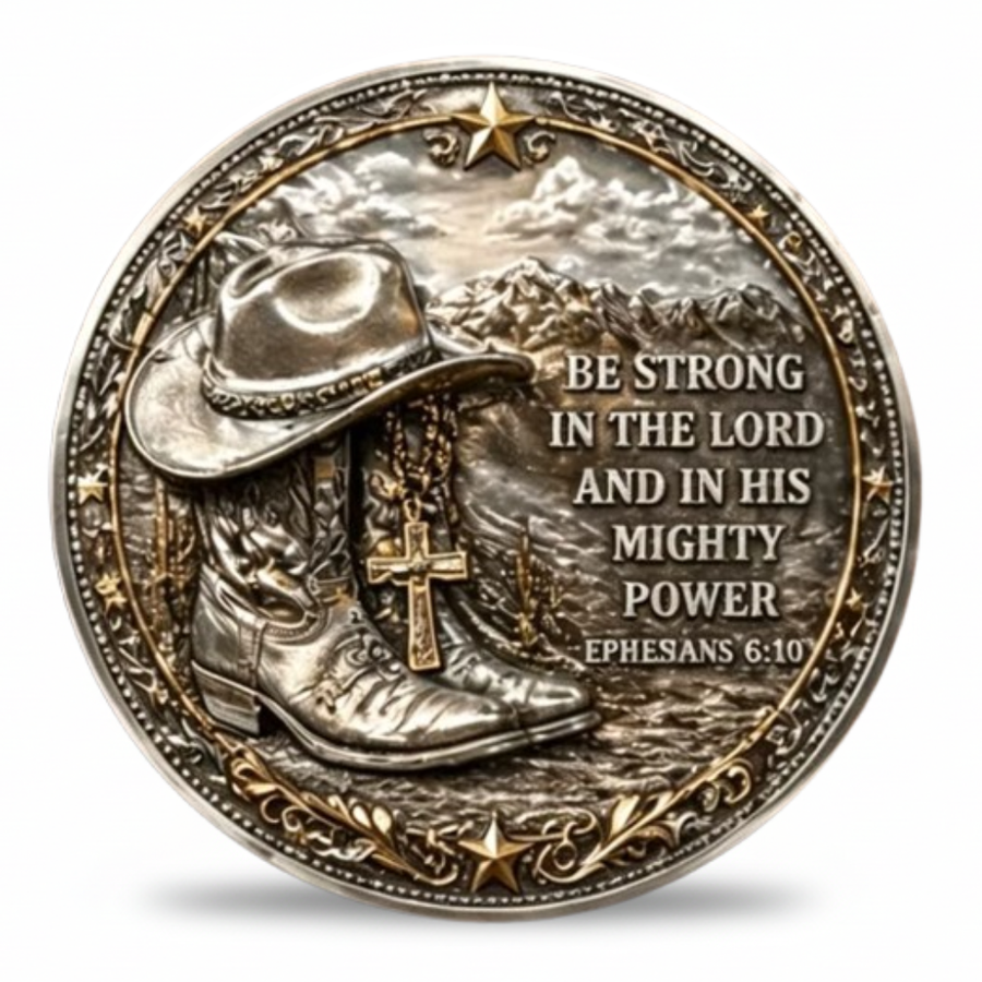A round metallic religious medallion featuring a cowboy hat and boot with a cross, set against a mountain landscape. The text reads 'BE STRONG IN THE LORD AND IN HIS MIGHTY POWER EPHESANS 6:10'.