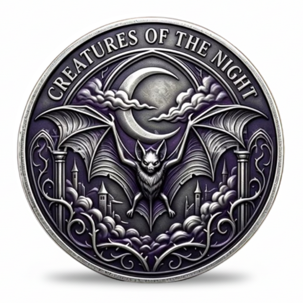 Creatures of the Night bat collectible coin front face antique silver purple enamel crescent moon gothic castle wings spread Halloween collectible available at One More Coin store
