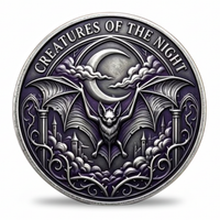 Creatures of the Night bat collectible coin front face antique silver purple enamel crescent moon gothic castle wings spread Halloween collectible available at One More Coin store
