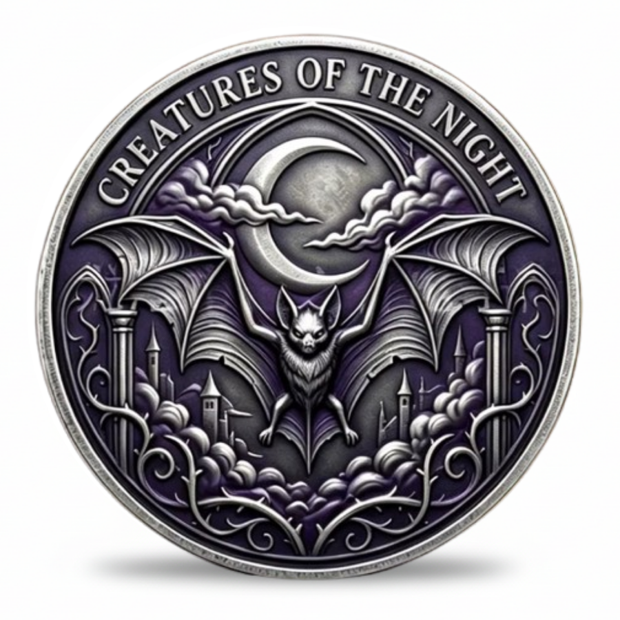 Creatures of the Night bat collectible coin front face antique silver purple enamel crescent moon gothic castle wings spread Halloween collectible available at One More Coin store
