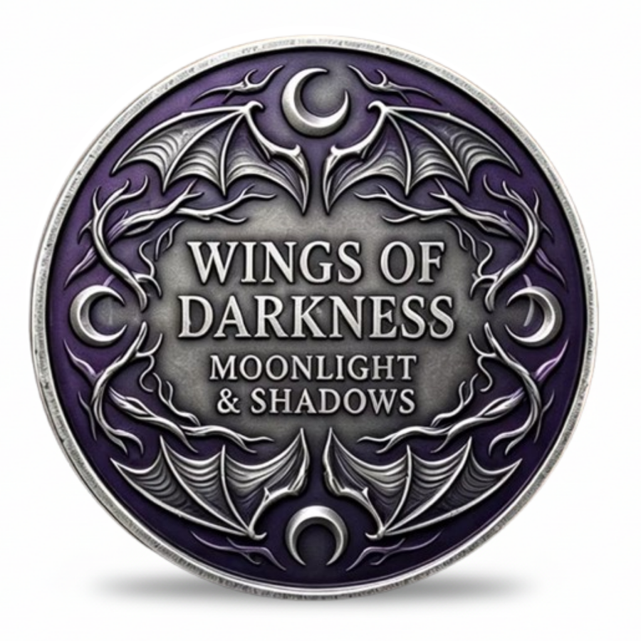 Wings of Darkness Moonlight and Shadows collectible coin reverse face bat wings crescent moons thorny vines antique silver purple enamel gothic Halloween collectible token
