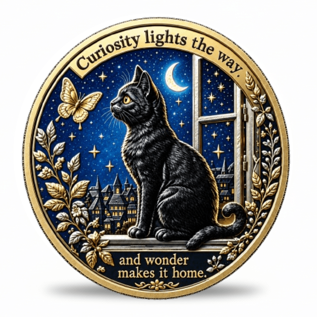 Gold-tone black cat coin with starry window and “Curiosity lights the way” inscription, available at One More Coin store