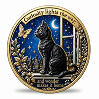 Gold-tone black cat coin with starry window and “Curiosity lights the way” inscription, available at One More Coin store