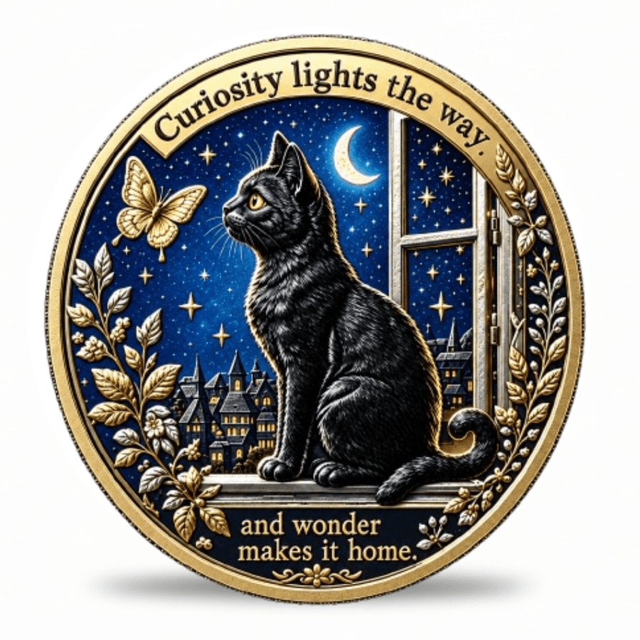 Gold-tone black cat coin with starry window and “Curiosity lights the way” inscription, available at One More Coin store