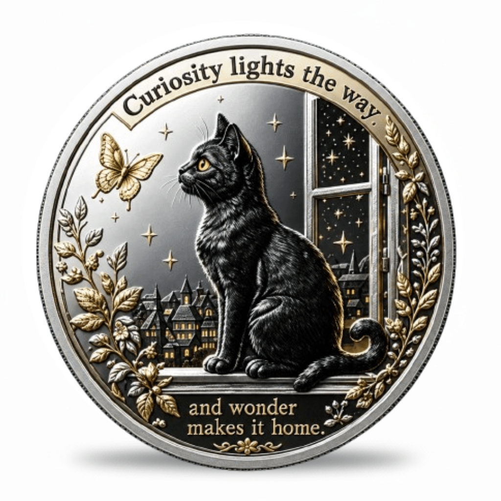 A round commemorative coin featuring a black cat sitting by a window at night, with a butterfly, stars, buildings, and decorative wreath details. The coin has a silver-toned border and background, with gold-toned highlights and text reading 'Curiosity lights the way.