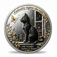 A round commemorative coin featuring a black cat sitting by a window at night, with a butterfly, stars, buildings, and decorative wreath details. The coin has a silver-toned border and background, with gold-toned highlights and text reading 'Curiosity lights the way.
