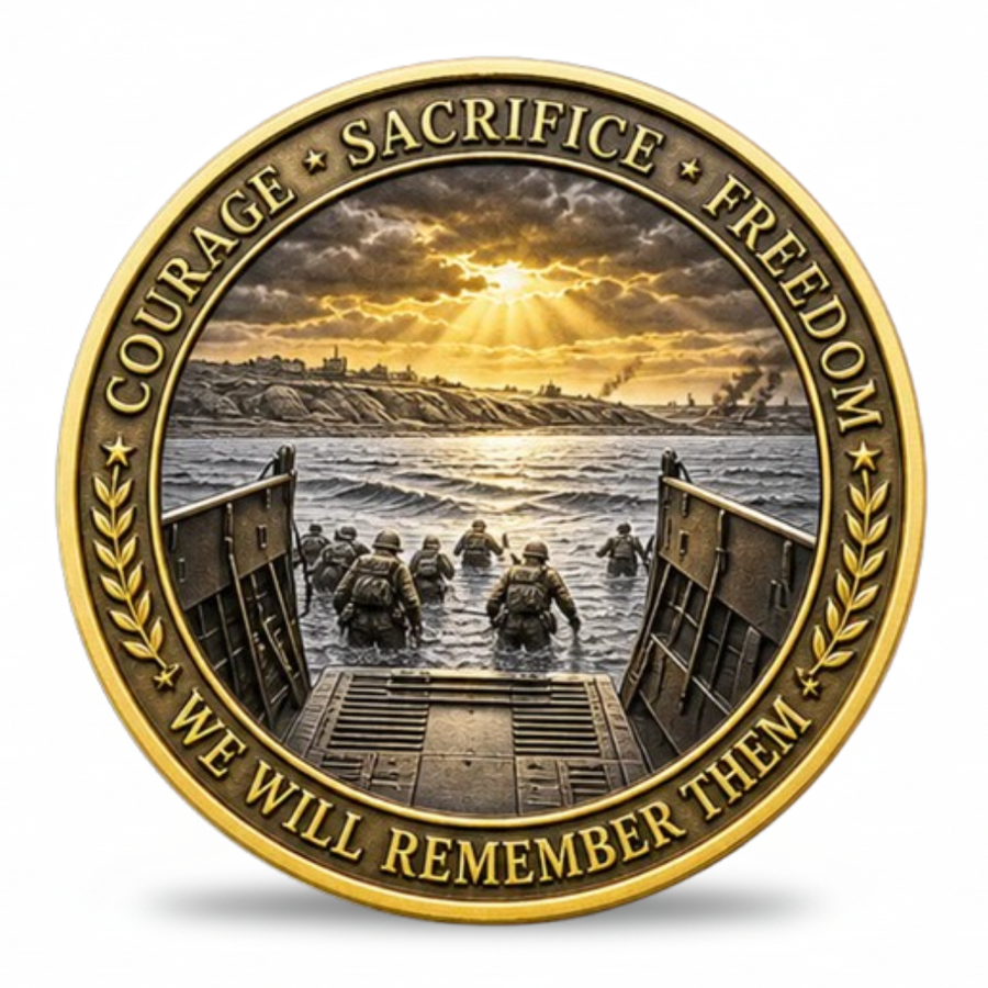 D-Day Landings 80th anniversary commemorative collectible coin soldiers storming Normandy beach courage sacrifice freedom we will remember them available at One More Coin store
